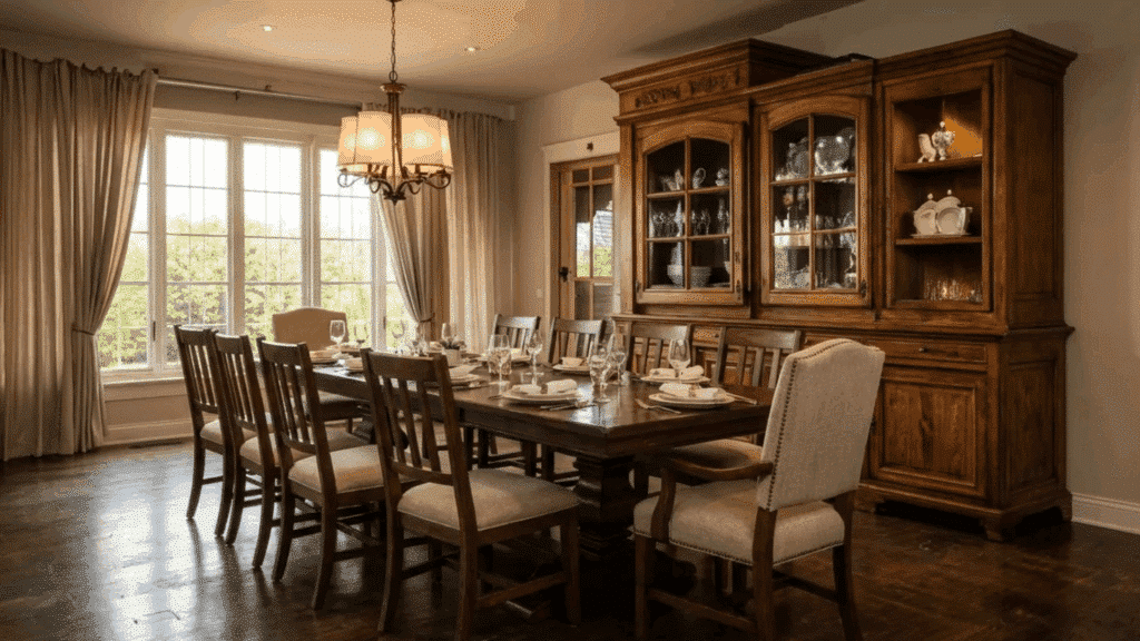 dark espresso farmhouse stained concrete floors with antique table