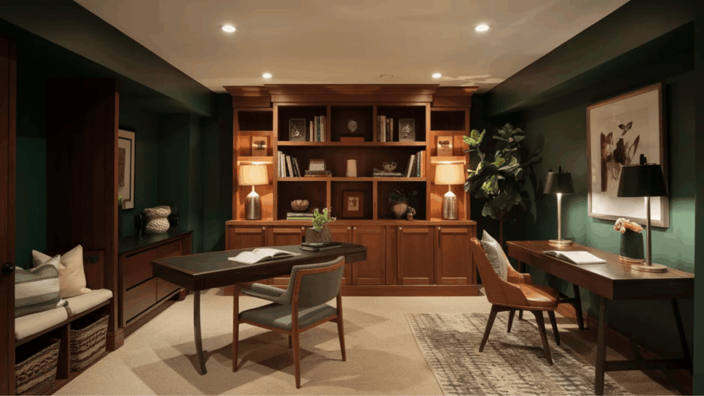 dark green basement walls with wood trim, built-in shelves, warm lighting, and a cozy home office setup with desk
