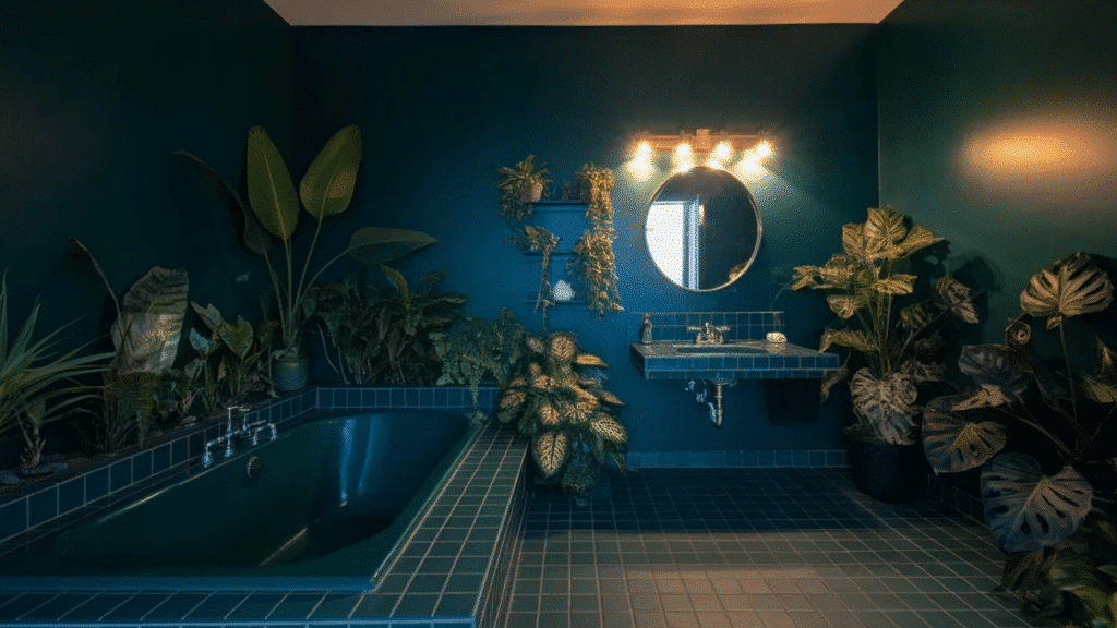 dark green bathroom with a tiled soaking tub, floating sink with round mirror and vanity lights, and lush indoor plants surrounding the space