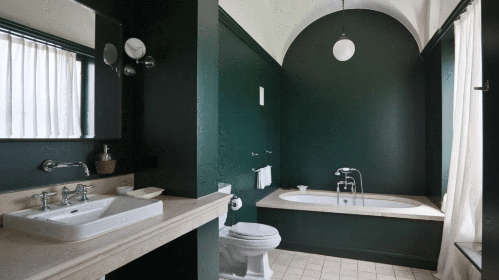dark green bathroom with a white tub, stone counter sink, and chrome fixtures, accented by an arched alcove and soft natural light