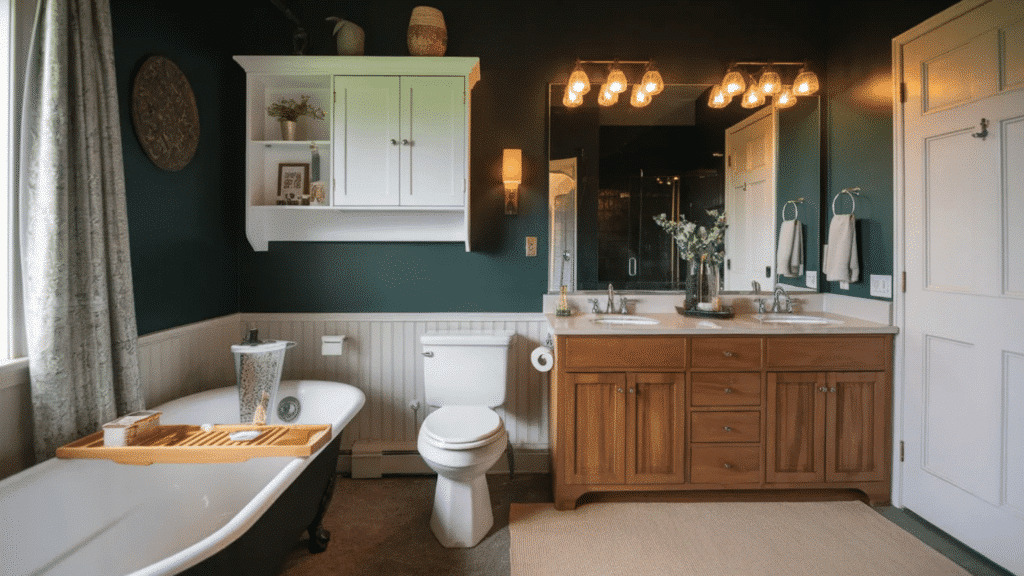 dark green bathroom with a wooden double vanity, white countertop, large mirror with warm vanity lights, freestanding tub, white toilet, and wall mounted storage cabinet