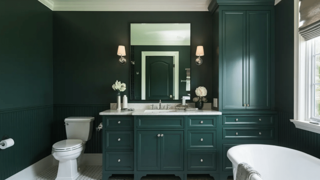 dark green bathroom with matching vanity and tall cabinet, white countertop and sink, wall sconces, large mirror, white toilet, and a freestanding white bathtub beside a window