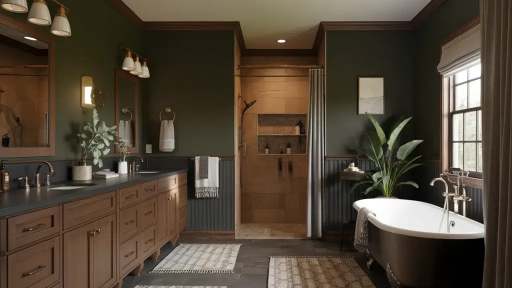 dark green bathroom with wood vanity, clawfoot tub, and tiled walk-in shower