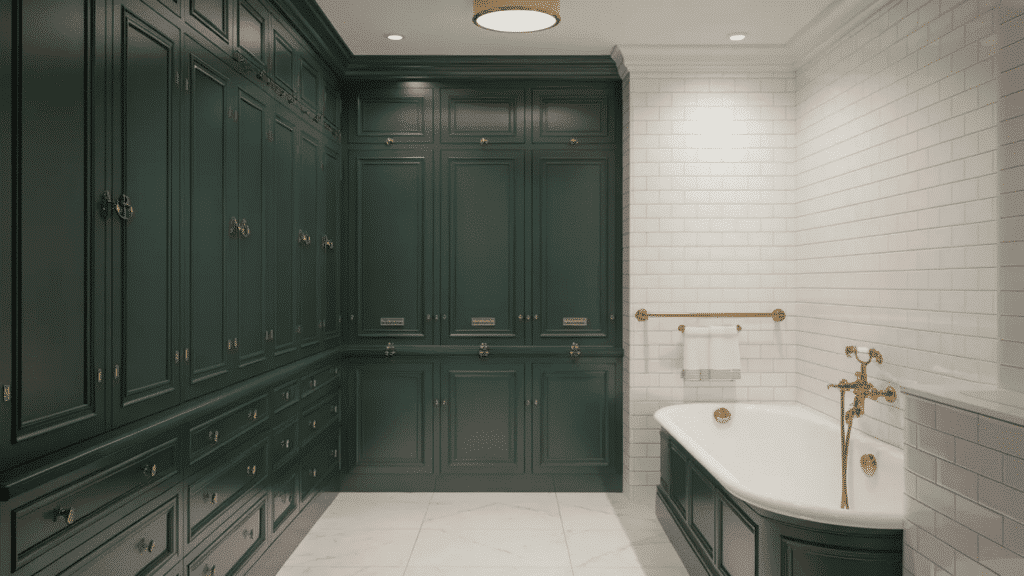 dark green paneled cabinetry with brass hardware lines a bathroom wall, paired with white subway tile, marble floors, and a freestanding tub with gold fixtures
