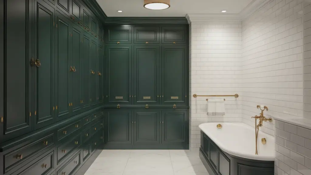 dark green paneled cabinetry with brass hardware lines a bathroom wall, paired with white subway tile, marble floors, and a freestanding tub with gold fixtures