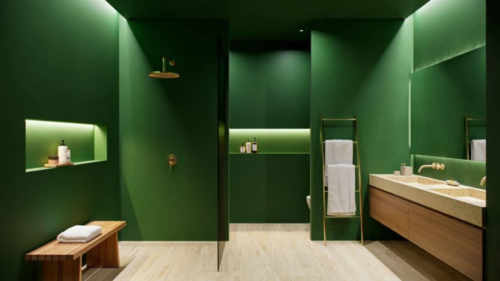 dark green spa-style bathroom with warm lighting, stone floors, and wood accents