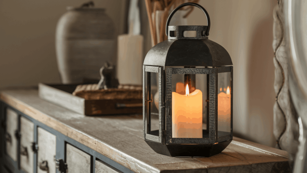 dark metal lantern with a glowing pillar candle inside placed on a wooden console table with minimal surrounding decor