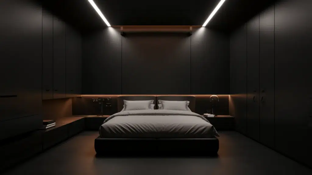 dark modern bedroom with black walls, built in storage, soft accent lighting, and a low platform bed
