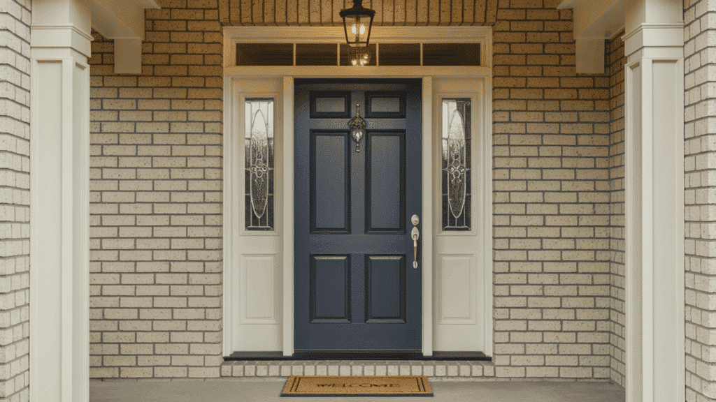 dark navy blue exterior prehung door with white frame, glass sidelights, and welcome mat on a brick home porch