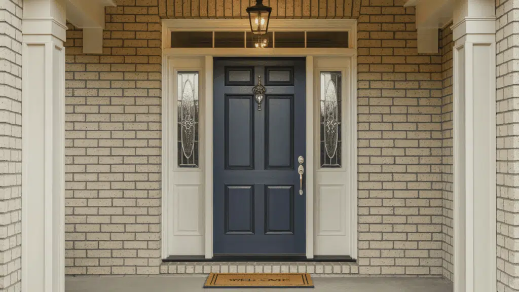 dark navy blue exterior prehung door with white frame, glass sidelights, and welcome mat on a brick home porch