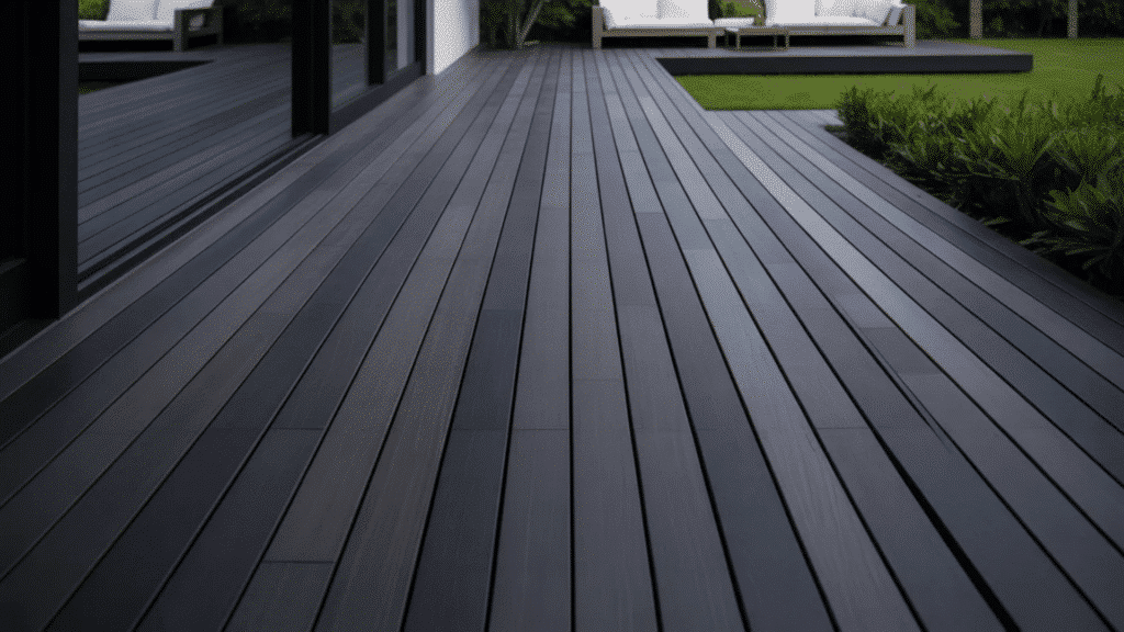 dark wooden deck with sleek, parallel planks leading to a seating area and garden.