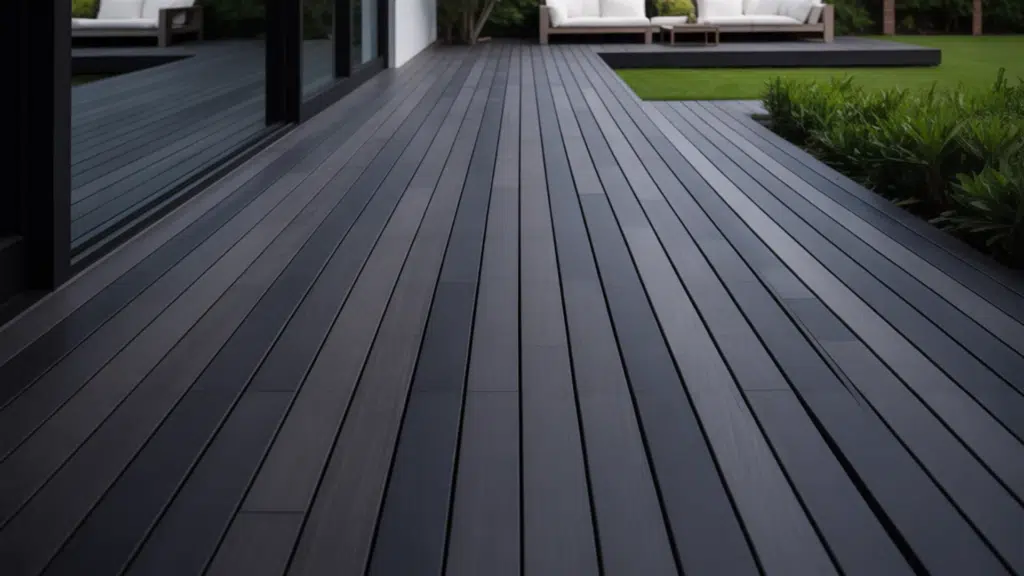 dark wooden deck with sleek, parallel planks leading to a seating area and garden.