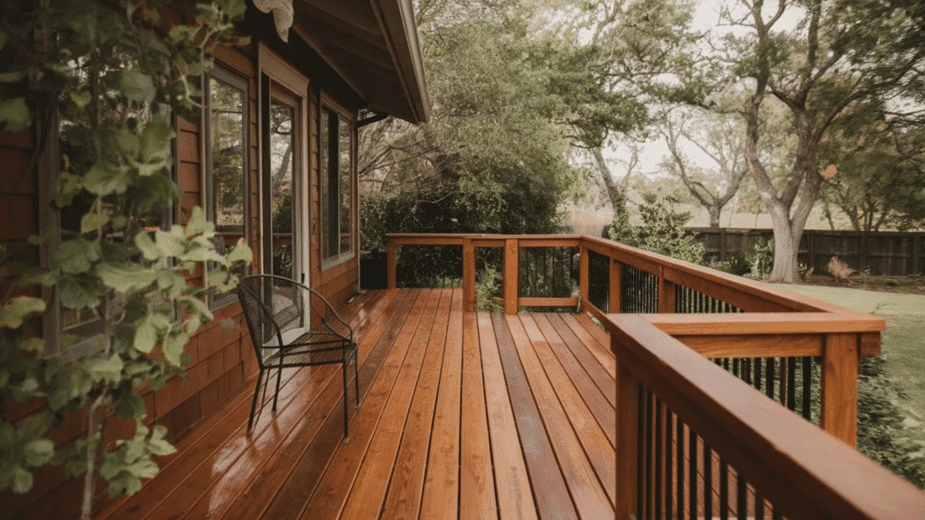 deck with a metal chair and lush greenery surrounding a home.