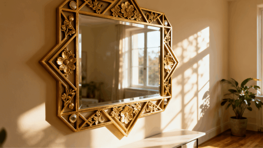 decorative gold mirror with floral frame on wall, reflecting window light, with plant and warm sunlight in a cozy room