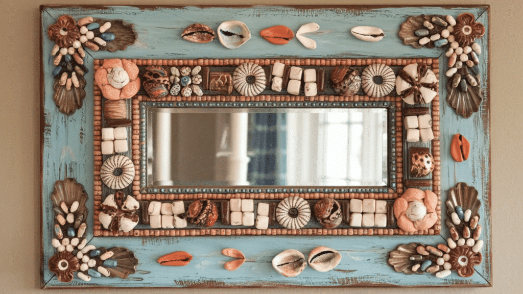 decorative painted frame with rustic turquoise finish, embellished with seashells, beads, and textured elements arranged in a detailed, artistic pattern around a central mirror