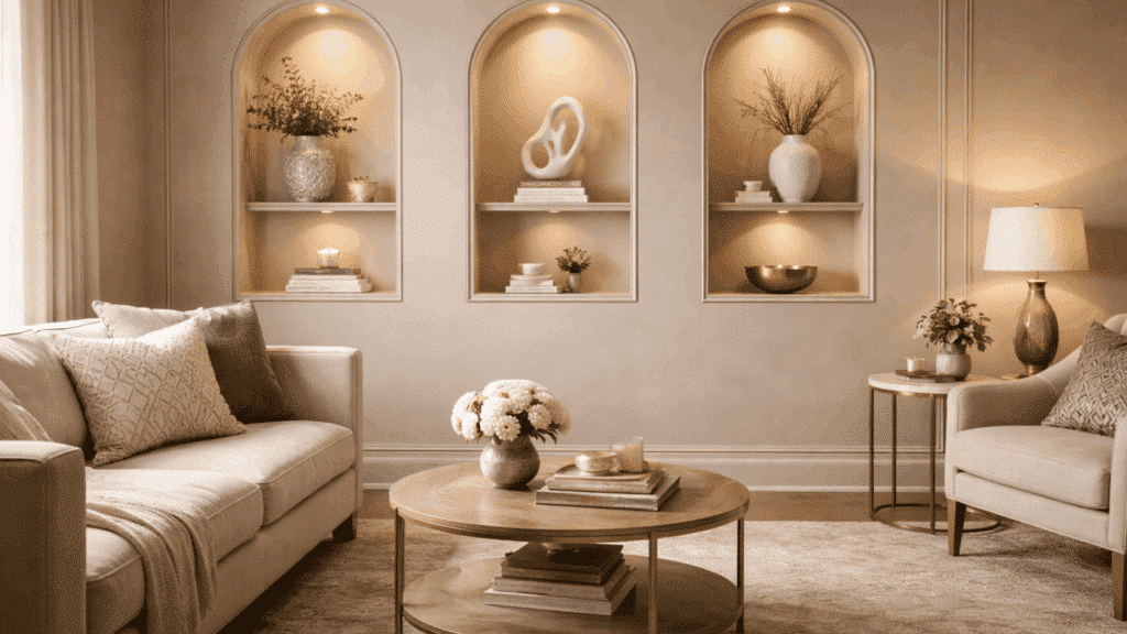 decorative wall niches with sculptures and soft lighting in classic living room