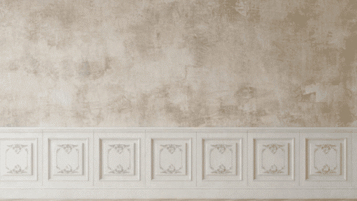 decorative wall with classic wainscoting panels and textured beige finish, creating an elegant and timeless interior backdrop