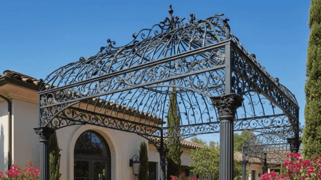decorative wrought iron canopy over a patio, adding elegance and sophistication with intricate metalwork.