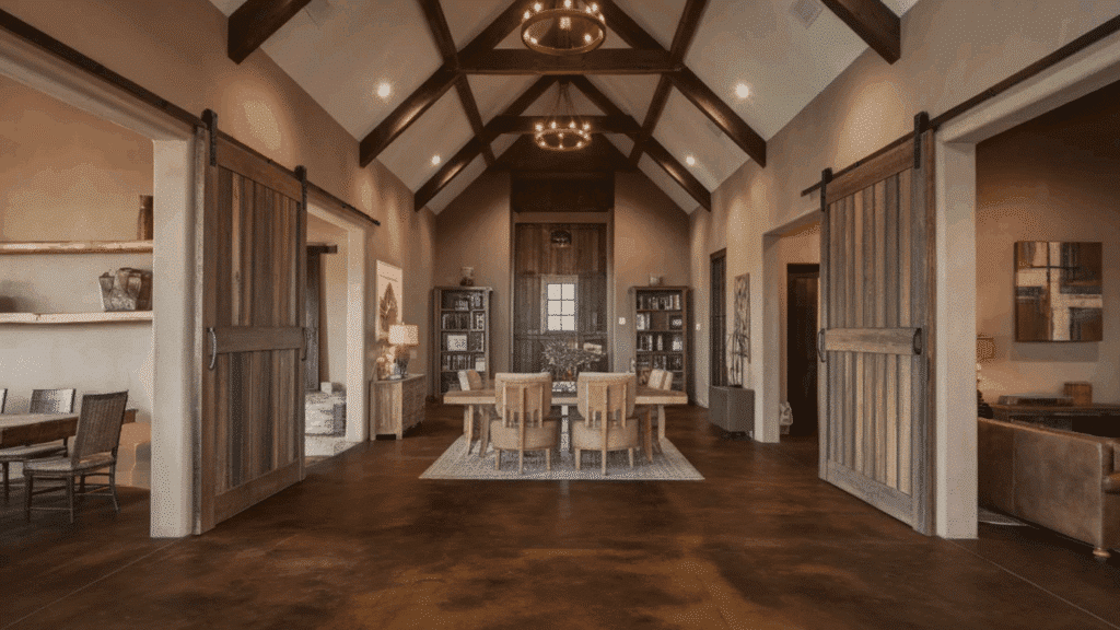 deep brown farmhouse stained concrete floors in barn-style home
