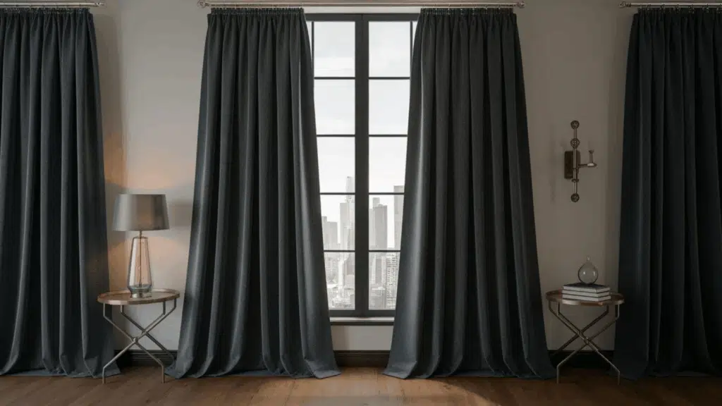 deep charcoal curtains hanging in a modern living room, adding bold contrast against white walls and warm wood accents