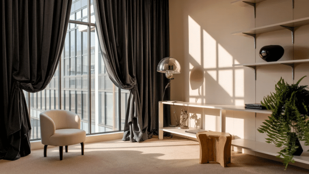 deep charcoal drama curtains adding bold contrast in a modern living room with white walls and warm wood accents