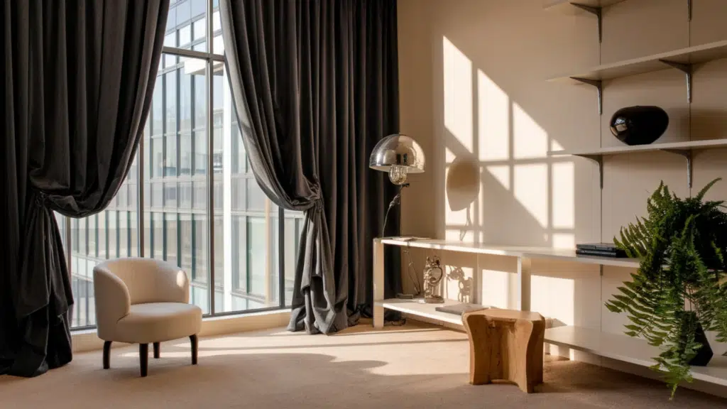 deep charcoal drama curtains adding bold contrast in a modern living room with white walls and warm wood accents