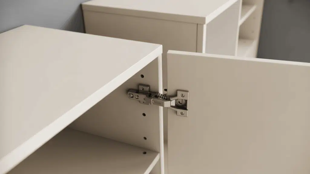 demountable cabinet hinge on a white modular flat pack unit showing the quick release spring mechanism and mounting plate