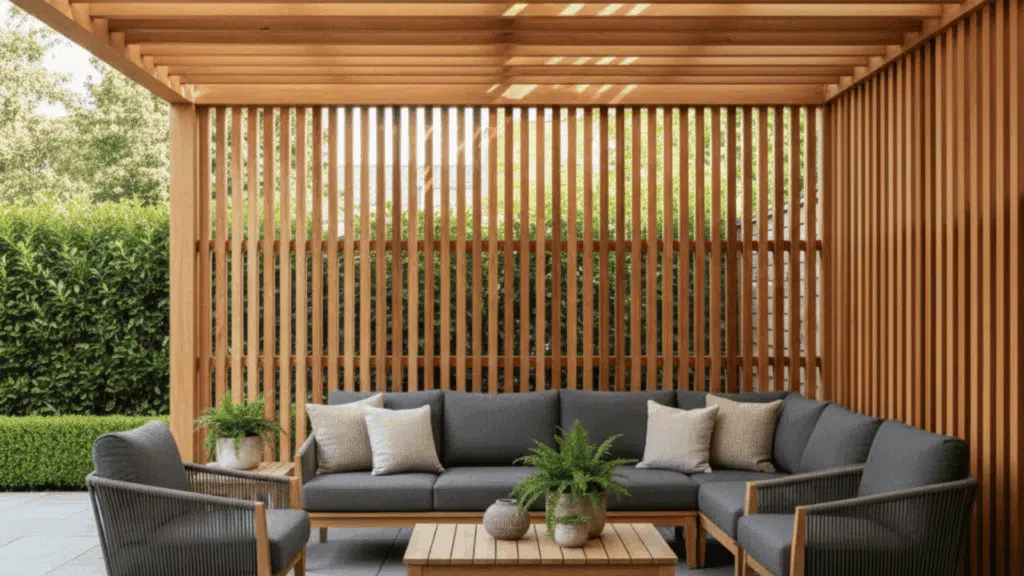 dense slat design creating more shade and privacy, making it perfect for intimate gatherings.
