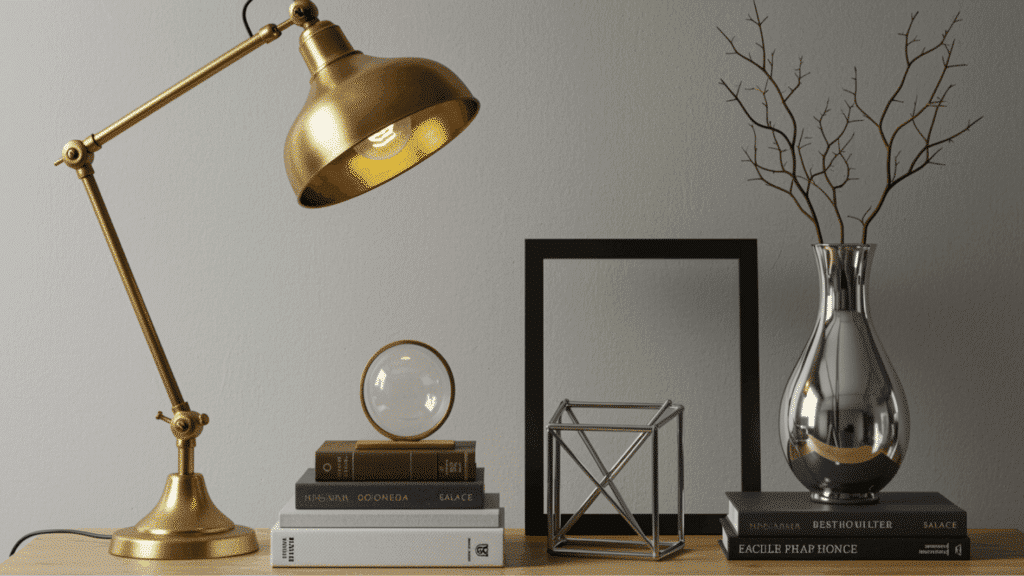 desk with gold lamp, books, glass decor, metal frame, and vase with branches on a clean minimal background