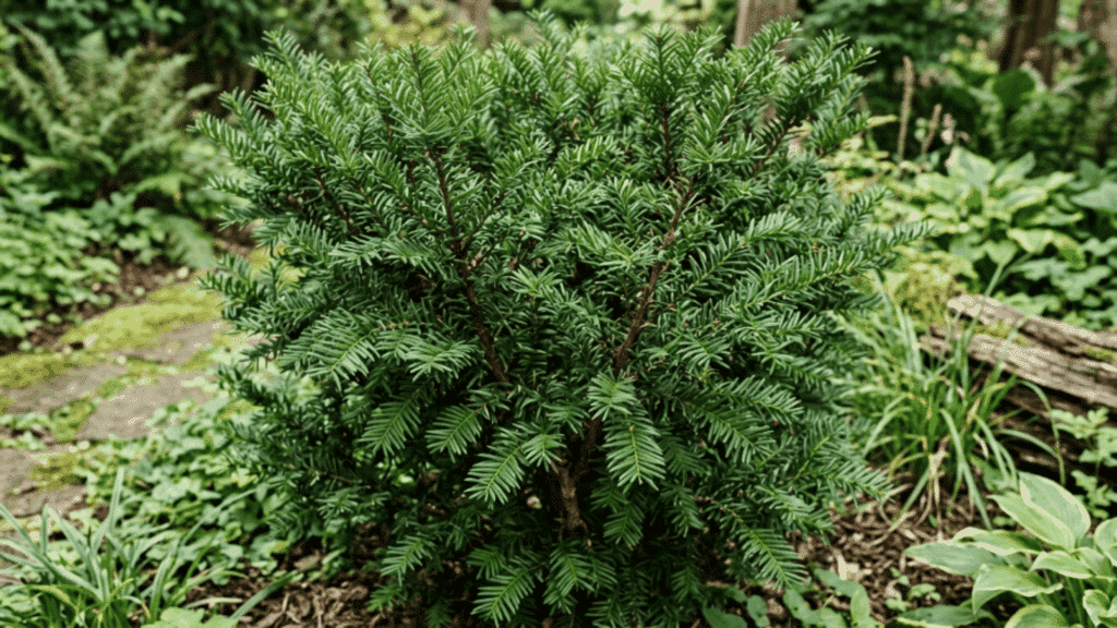 detailed yew shrub foliage with soft needle leaves deep green tones in gentle light plant fully visible not cut from above with clear sharp texture