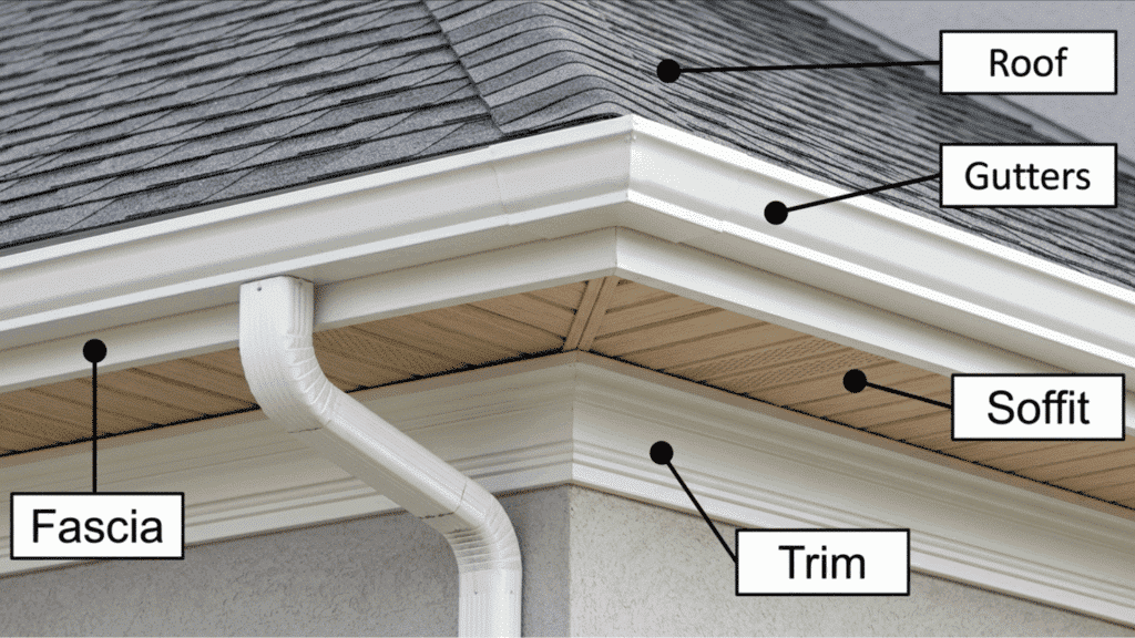 diagram of roof eave showing labeled parts including fascia soffit gutters trim and roof edge on a house exterior