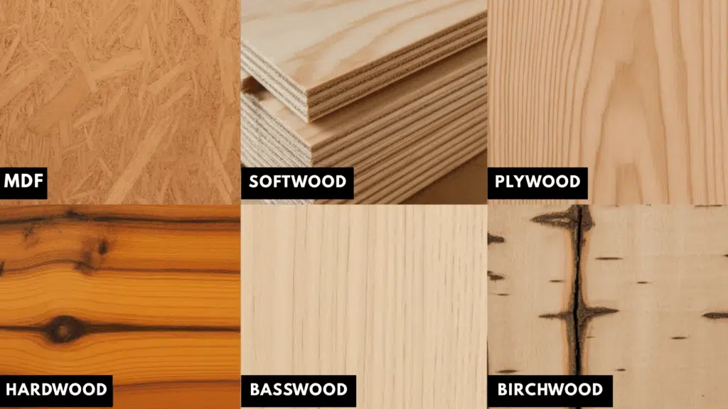 different types of wood_ MDF, Softwood, Plywood, Hardwood, Basswood, and Birchwood, commonly used for acrylic painting projects