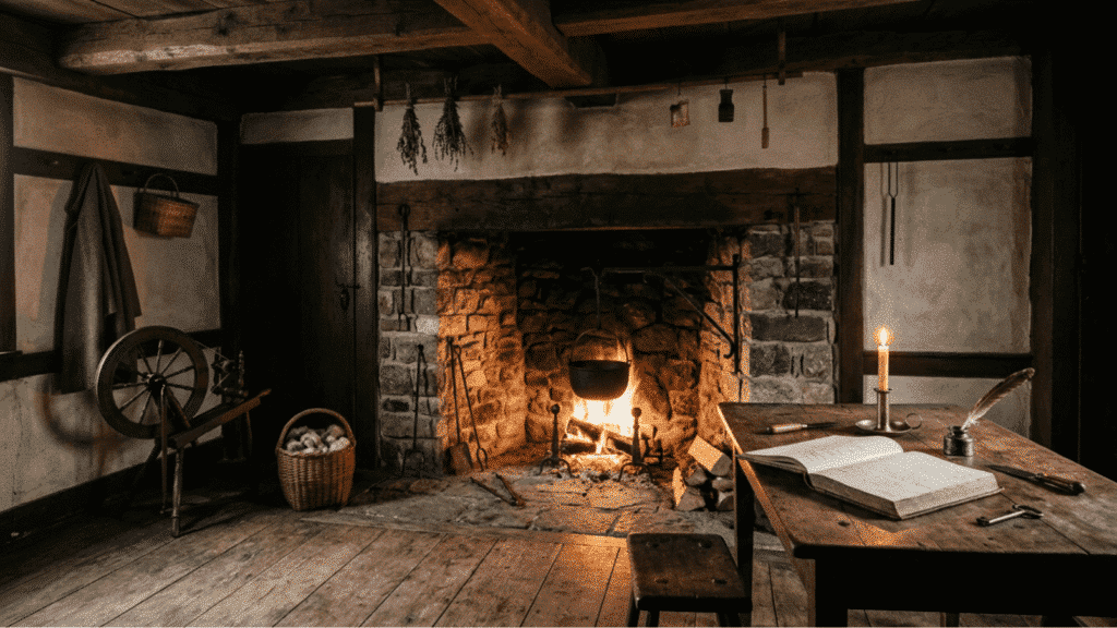 dimly lit 18th-century colonial keeping room with stone fireplace, kettle, spinning wheel, and open ledger on wood table