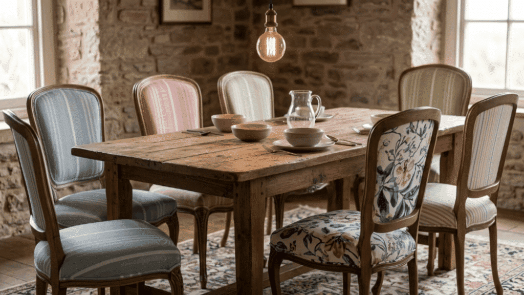 dining area with rustic wooden table mixed chairs warm lighting simple decor and cozy setup creating a welcoming dining space