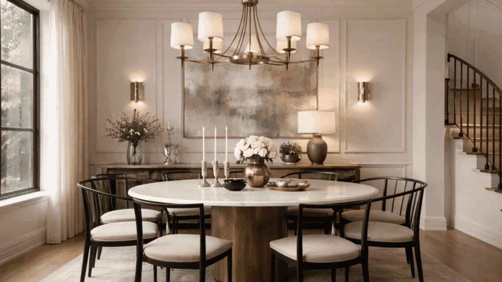 dining room with brass chandelier black chairs and mixed metal decor