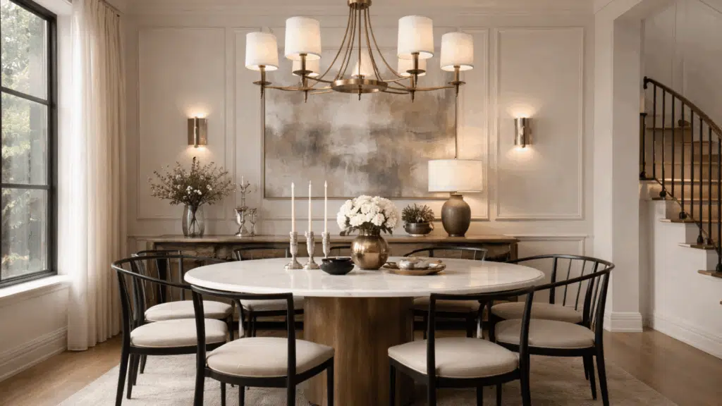 dining room with brass chandelier black chairs and mixed metal decor