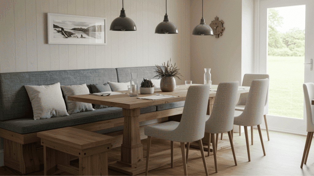 dining room with wooden table, bench seating, upholstered chairs, pendant lights, and large window bringing in natural light