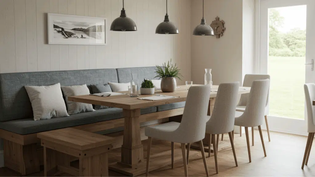 dining room with wooden table, bench seating, upholstered chairs, pendant lights, and large window bringing in natural light