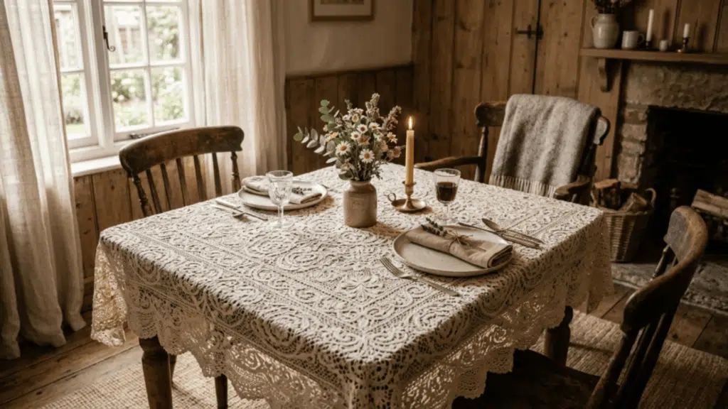 dining table with lace tablecloth simple decor wooden chairs warm lighting and cozy setup creating a soft and inviting dining area