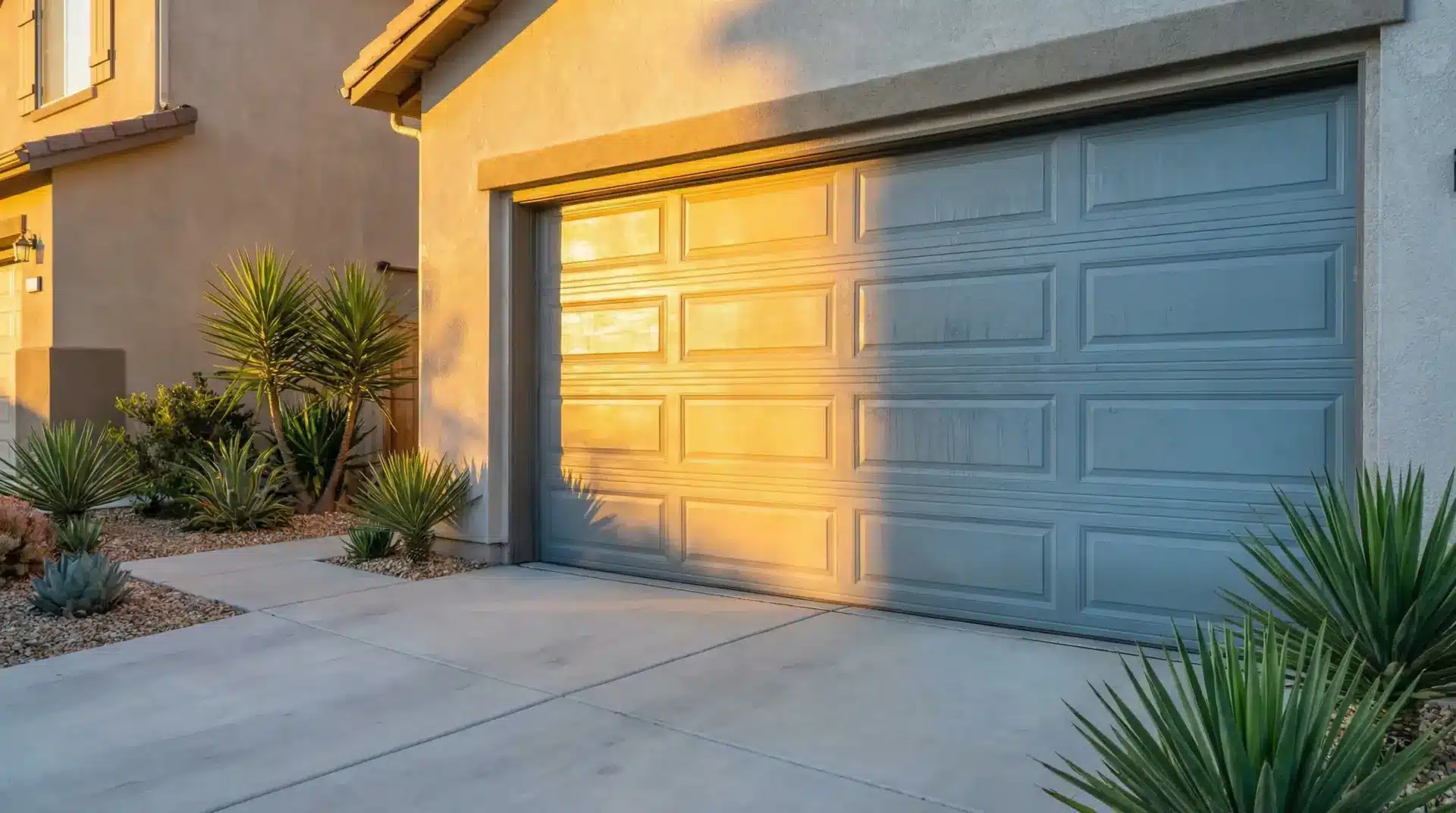 Modern house with blue garage door and desert landscaping in warm sunlight