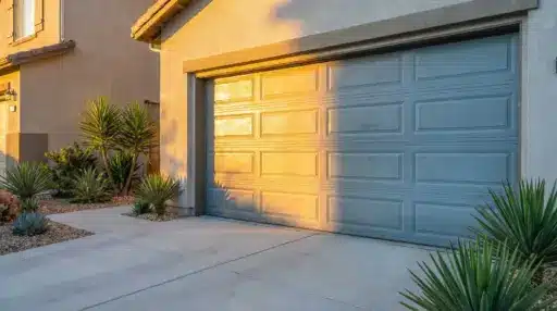 Modern house with blue garage door and desert landscaping in warm sunlight