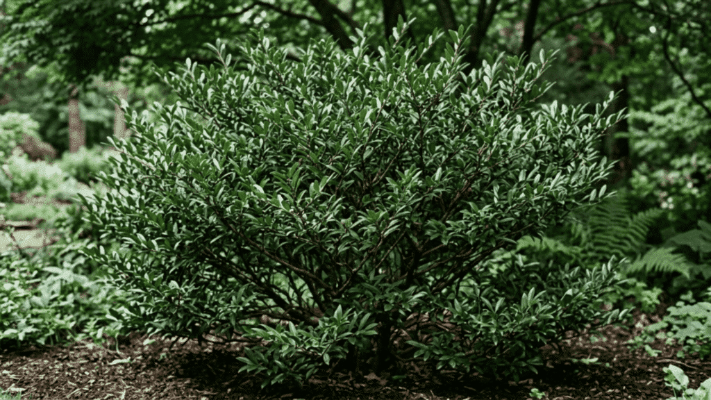 distylium close view with dense green foliage and branching in soft shadow light plant fully visible not cut from above with strong texture