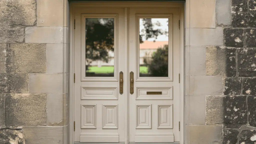 double prehung french doors with glass panels and brass handles set in a stone exterior wall with garden view