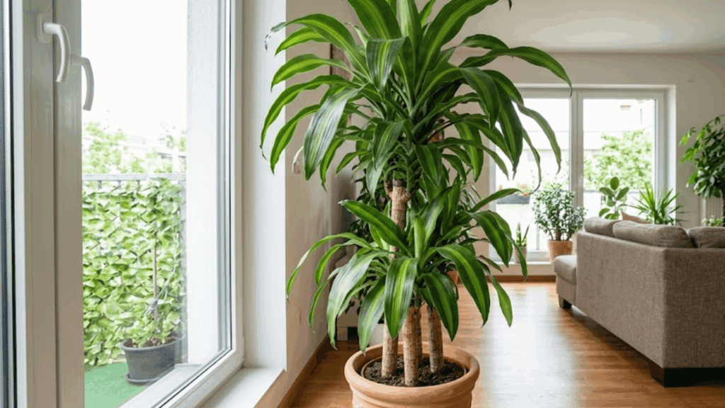 dracaena plant in terracotta pot placed near window inside bright living room with sofa wooden floor and indoor plants in background