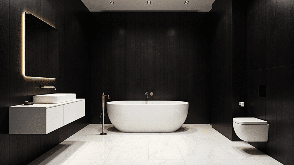dramatic bathroom with jet black wood plank paneling on all walls contrasted with white tub and warm brass fixtures