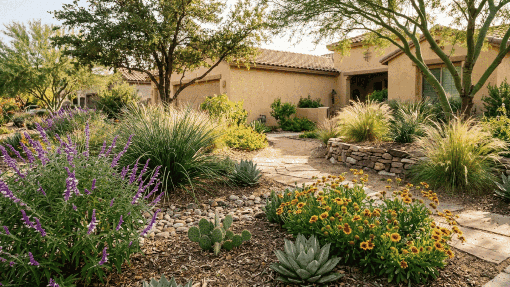 drought-tolerant landscaping with native plants and stone pathway in a dry climate yard.