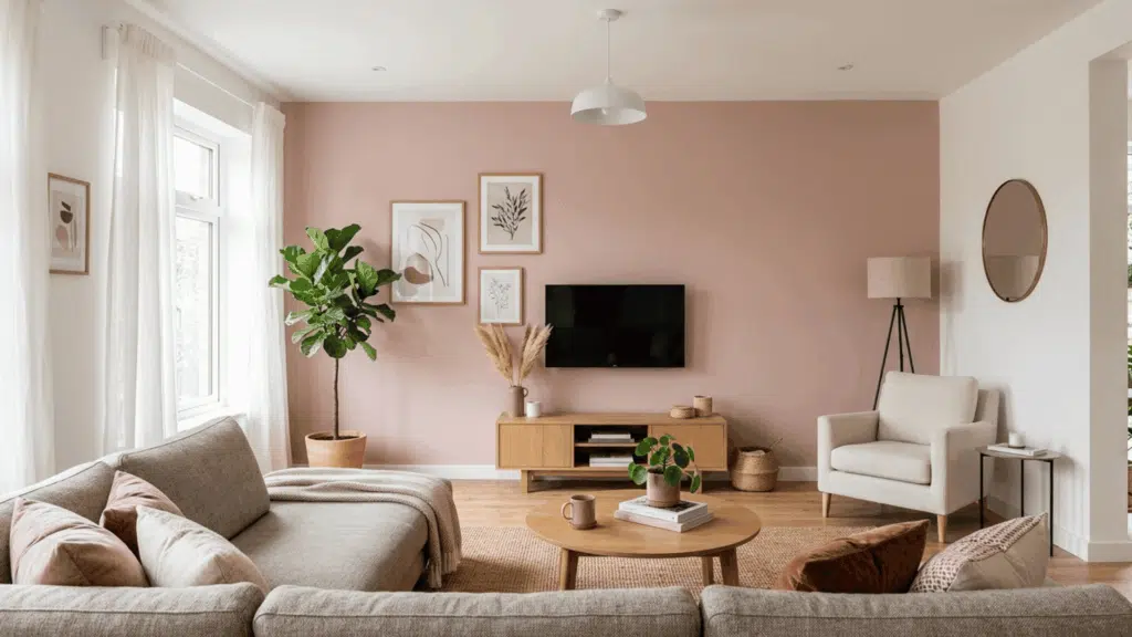 dusty pink accent wall living room with beige sofa, TV unit, and soft neutral decor.
