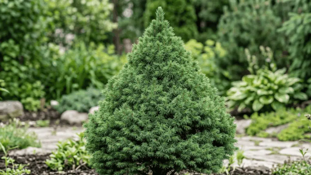 dwarf alberta spruce close view with dense conical needle structure in even light plant fully visible not cut from above with crisp texture