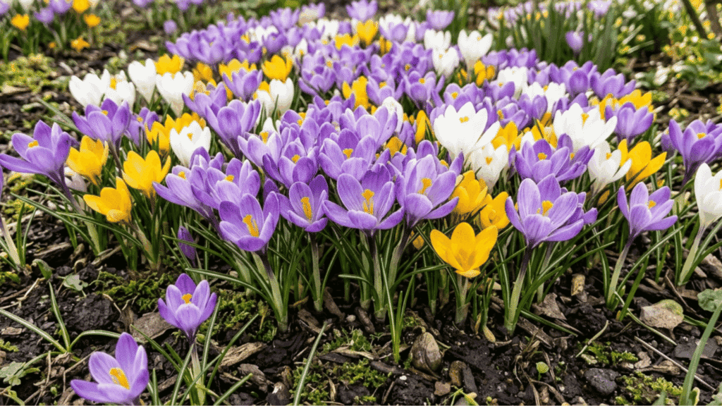 early spring crocus flowers in purple yellow and white blooming in fresh green grass with soft sunlight