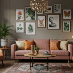 eclectic living room with pink sofa, gallery wall art, warm lighting, plants, wooden furniture, and patterned rug setup